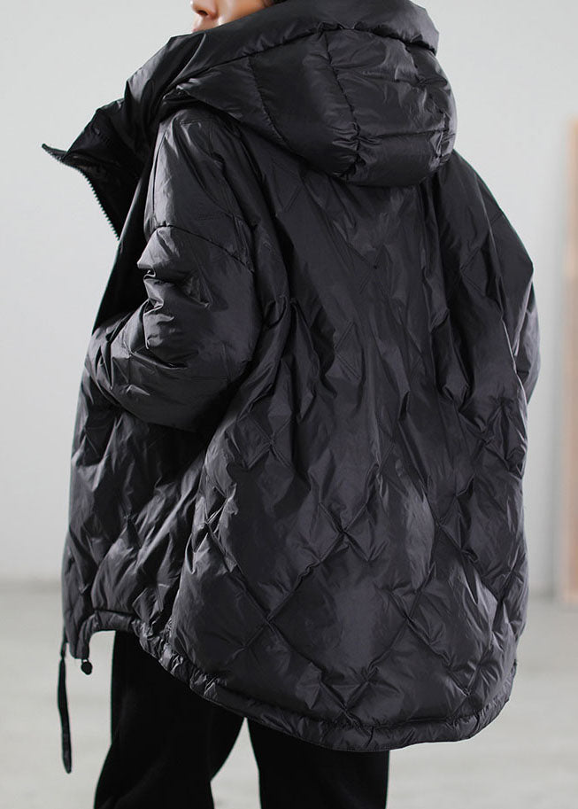 Simple Black Zip Up Drawstring Duck Down Down Coat Winter