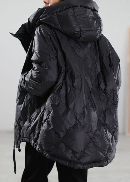 Simple Black Zip Up Drawstring Duck Down Down Coat Winter