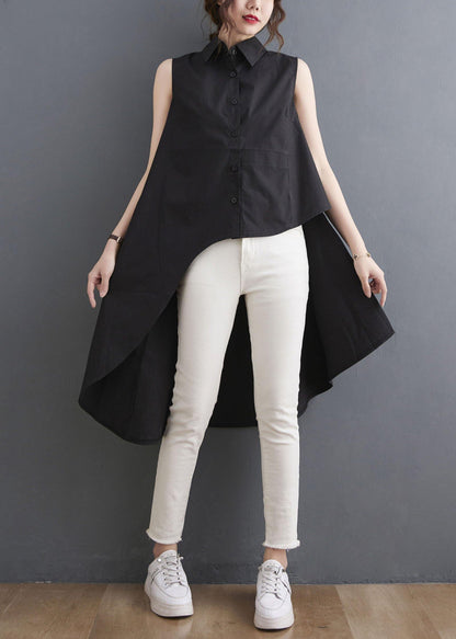 Simple Black Asymmetrical Design Low High Design Summer Blouses