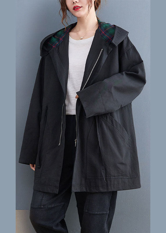 Simple Black Zippered Fall Hooded Trench Coats