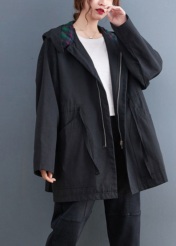 Simple Black Zippered Fall Hooded Trench Coats