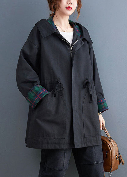 Simple Black Zippered Fall Hooded Trench Coats