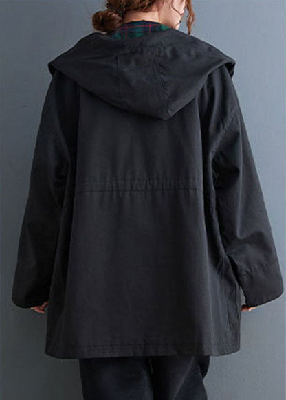 Simple Black Zippered Fall Hooded Trench Coats