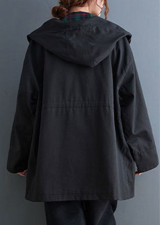 Simple Black Zippered Fall Hooded Trench Coats