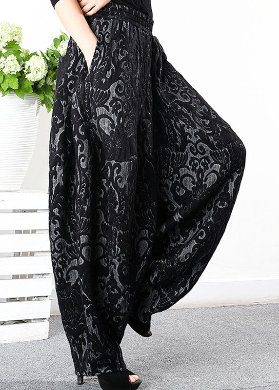 Simple Black Retro Thick Jacquard Winter Pants
