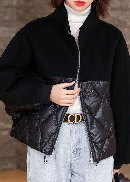 Black Zippered Patchwork Winter Puffer Jacket Down Coats