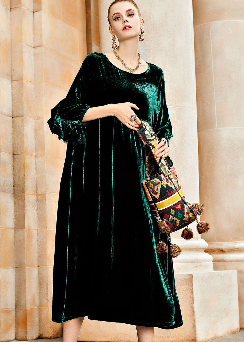 Simple Blackish Green O-neck Wrinkled Patchwork Silk Velvet Long Dresses Fall