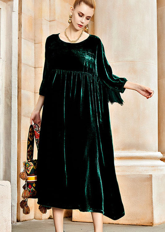 Simple Blackish Green O-neck Wrinkled Patchwork Silk Velvet Long Dresses Fall