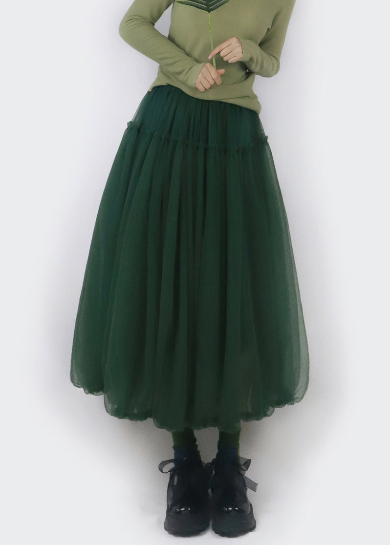 Simple Blackish Green Ruffled Elastic Waist Tulle Skirts Spring