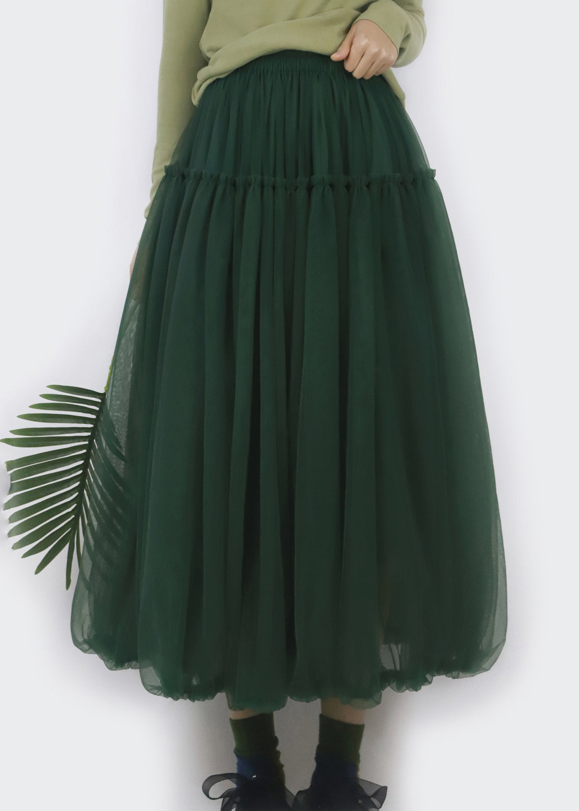 Simple Blackish Green Ruffled Elastic Waist Tulle Skirts Spring