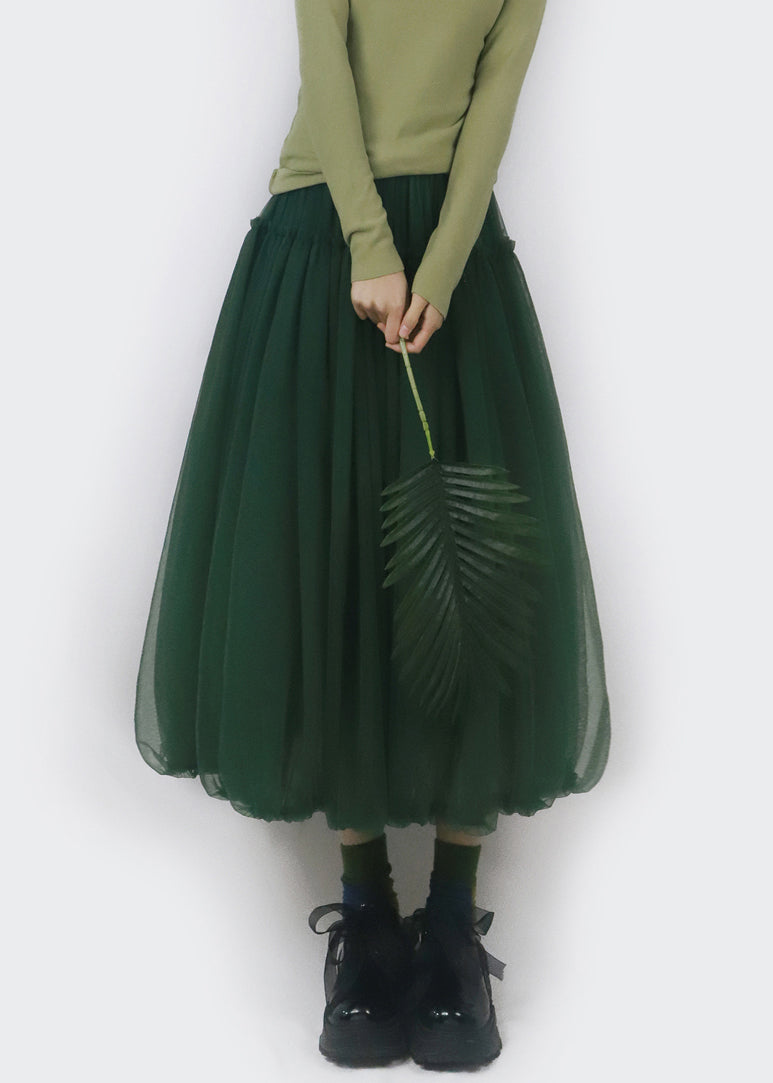 Simple Blackish Green Ruffled Elastic Waist Tulle Skirts Spring