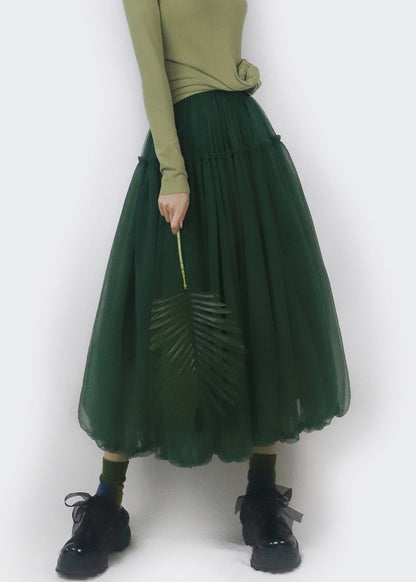 Simple Blackish Green Ruffled Elastic Waist Tulle Skirts Spring