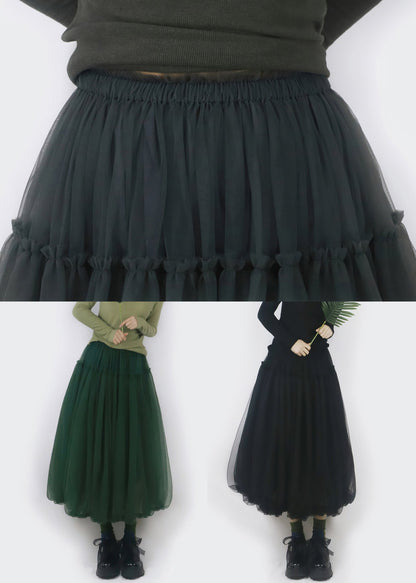 Simple Blackish Green Ruffled Elastic Waist Tulle Skirts Spring
