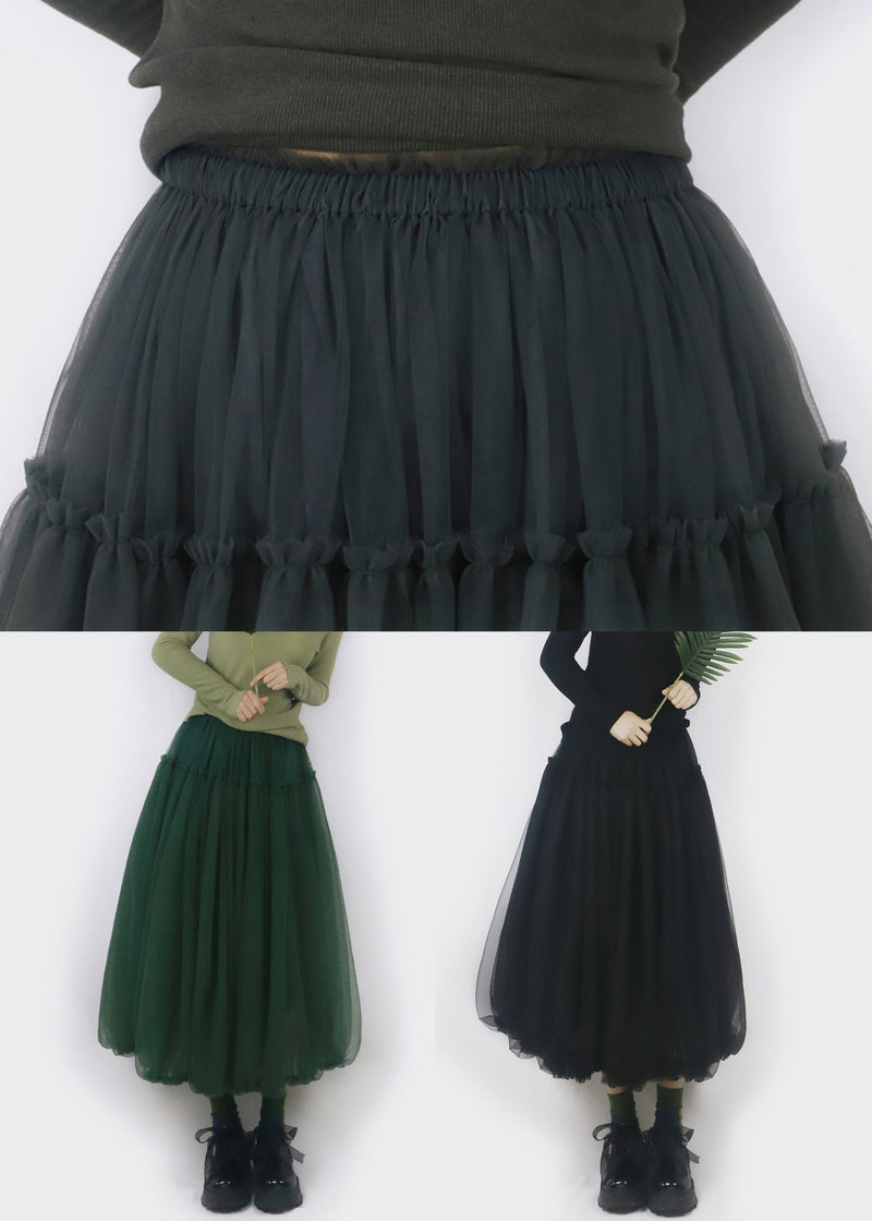 Simple Blackish Green Ruffled Elastic Waist Tulle Skirts Spring