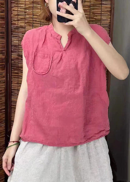 Simple Blackish Green V Neck Linen Vests Sleeveless