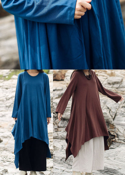 Simple Blue Asymmetrical Cotton Dress Spring