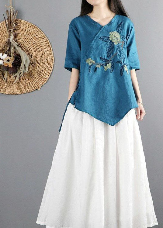 Simple Blue Asymmetrical Tie Waist Cotton Tops Half Sleeve