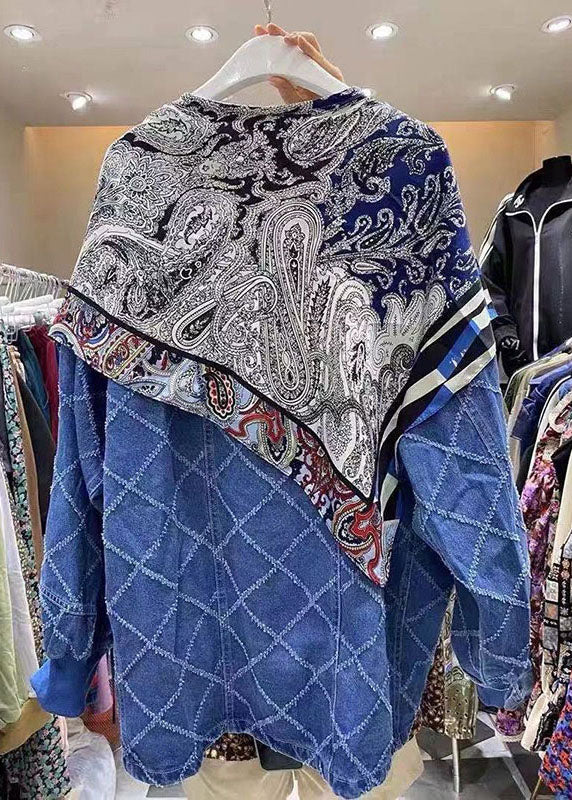 Simple Blue Button Patchwork Print Fall Coats Long Sleeve