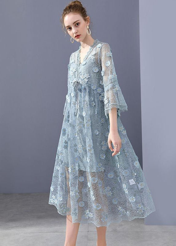 Simple Blue Embroideried Hollow Out Lace Dress Flare Sleeve