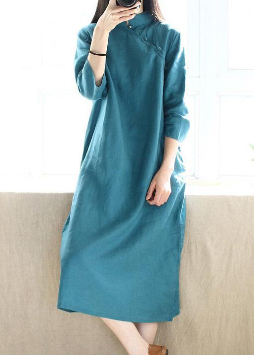 Simple Blue Green Tunics Stand Collar Half Sleeve Maxi Dress