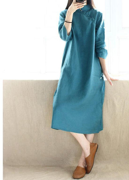 Simple Blue Green Tunics Stand Collar Half Sleeve Maxi Dress