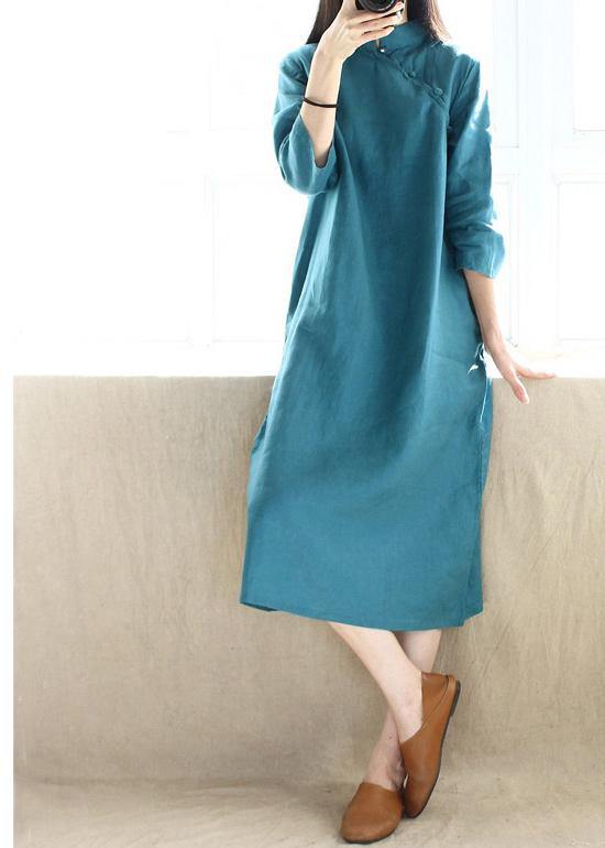Simple Blue Green Tunics Stand Collar Half Sleeve Maxi Dress