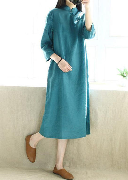 Simple Blue Green Tunics Stand Collar Half Sleeve Maxi Dress