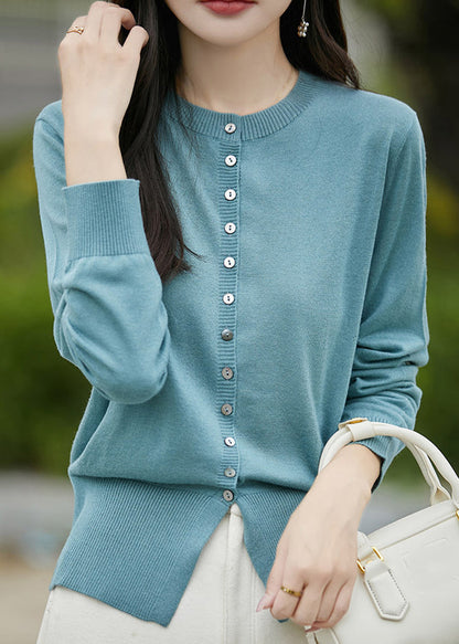 Simple Blue O Neck Button Woolen Coat Spring