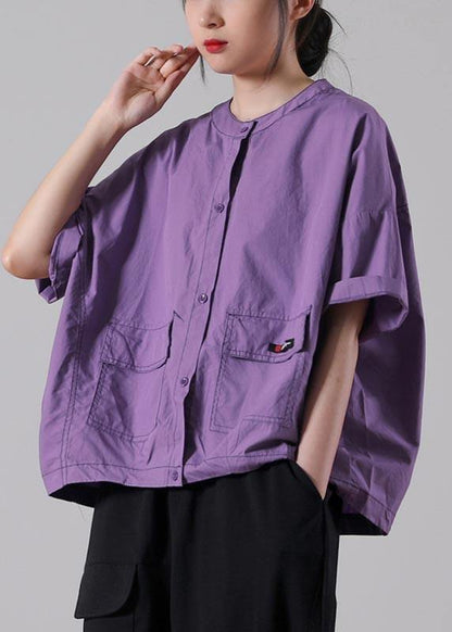 Simple Blue O-neck Cotton Shirt Tops Summer