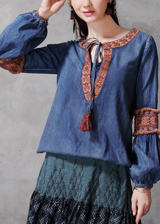 Simple Blue O-neck Embroideried Patchwork Cotton Tops Lantern Sleeve