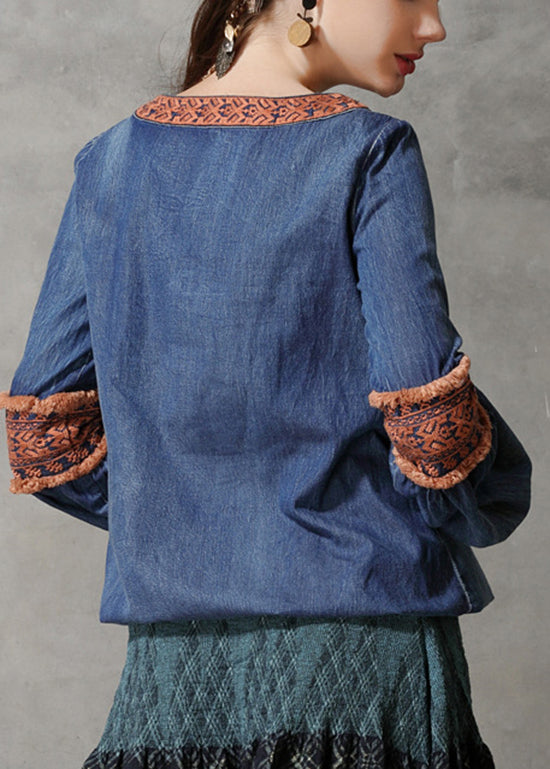 Simple Blue O-neck Embroideried Patchwork Cotton Tops Lantern Sleeve