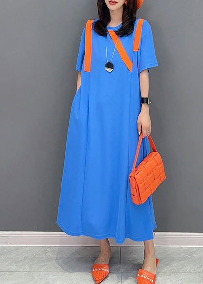 Simple Blue O-neck Patchwork Long Dresses Short Sleeve