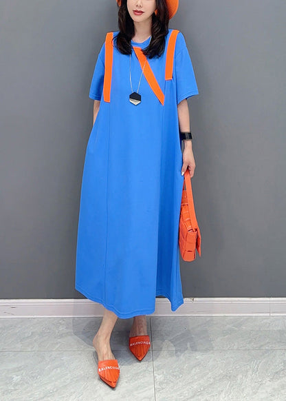 Simple Blue O-neck Patchwork Long Dresses Short Sleeve