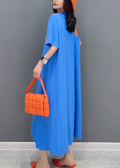 Simple Blue O-neck Patchwork Long Dresses Short Sleeve