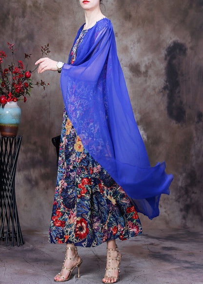 Simple Blue O-neck Patchwork Print Silk Vacation Dresses Cloak Sleeves