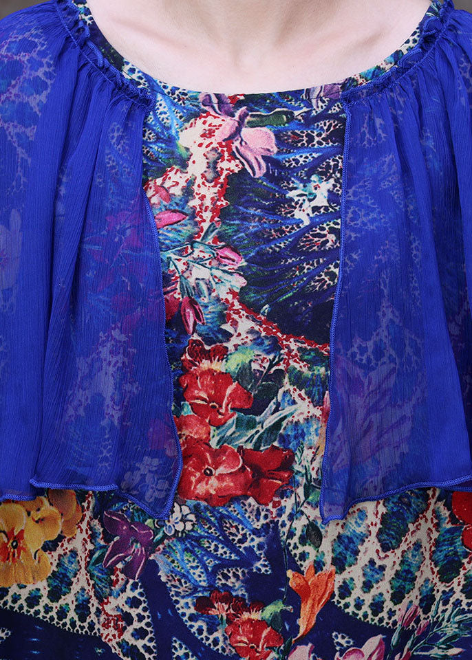 Simple Blue O-neck Patchwork Print Silk Vacation Dresses Cloak Sleeves