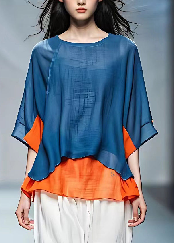 Simple Blue O-neck Patchwork T Shirt Bracelet Sleeve