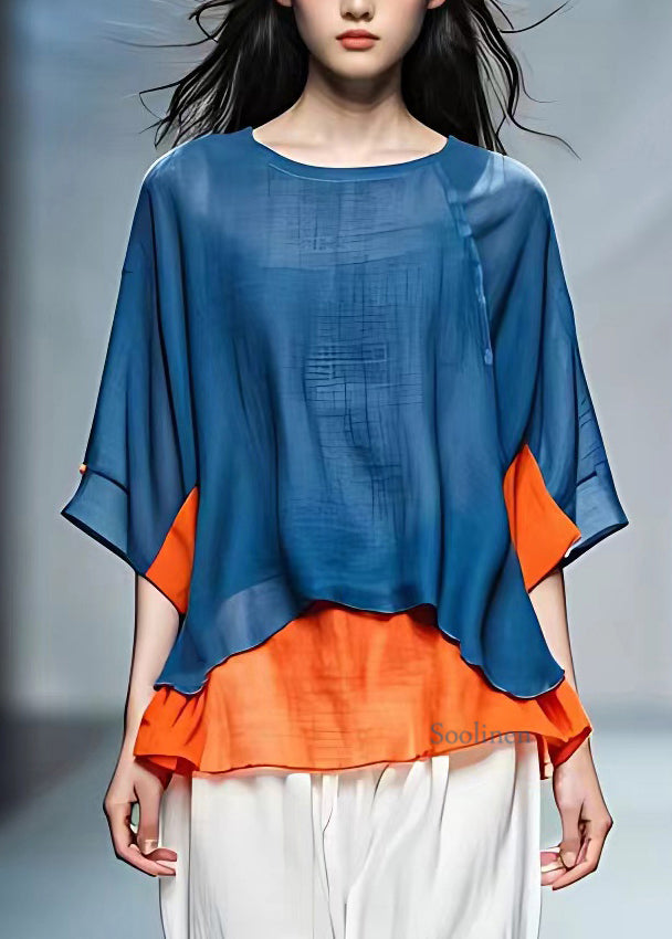 Simple Blue O-neck Patchwork T Shirt Bracelet Sleeve