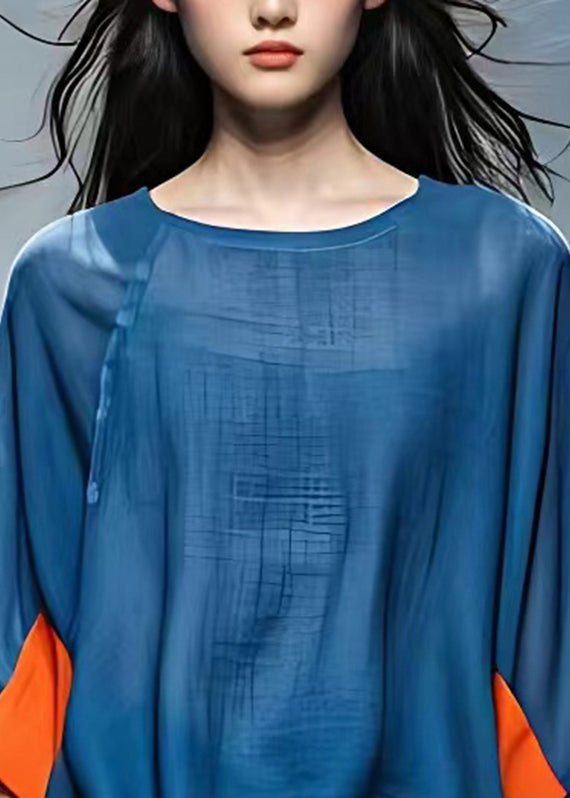 Simple Blue O-neck Patchwork T Shirt Bracelet Sleeve