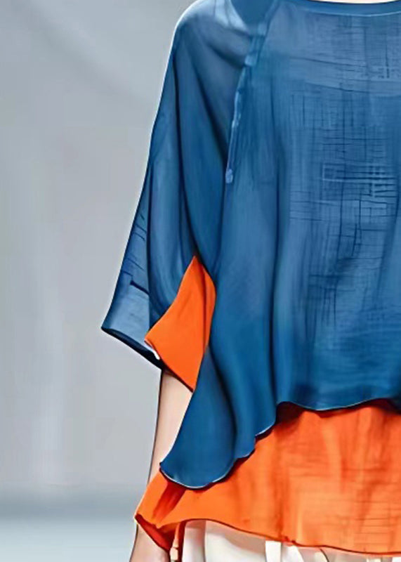 Simple Blue O-neck Patchwork T Shirt Bracelet Sleeve