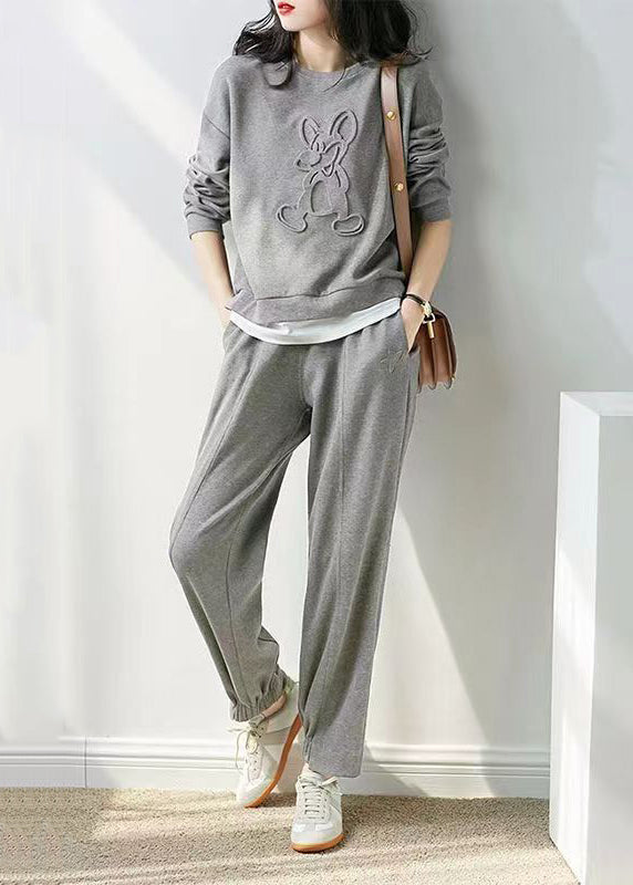 Simple Blue O-neck Patchwork Tops and Pants Cotton Two Pieces Set Fall