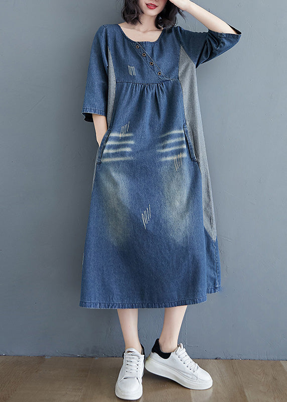 Simple Blue O-neck Patchwork Wrinkled Denim Long Dress Spring