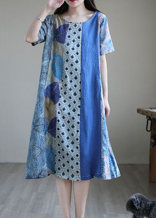 Simple Blue O-neck Print Short Sleeve a Line Fall Dress