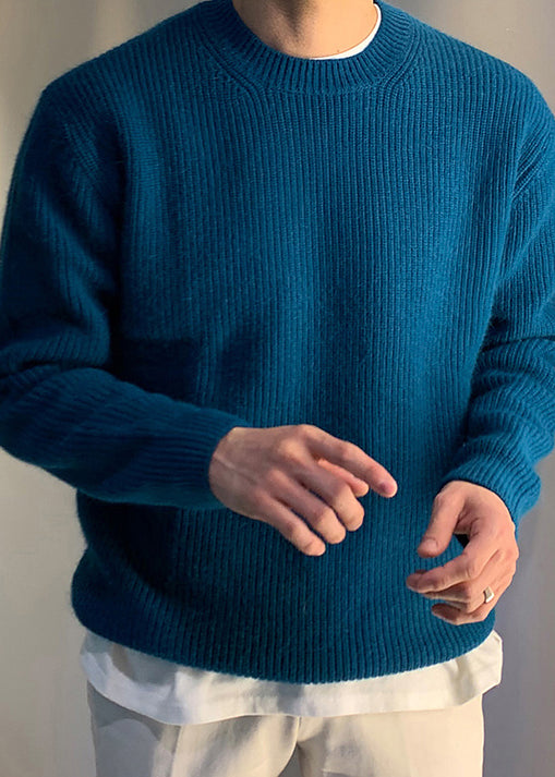 Simple Blue O Neck Knit Sweaters Spring