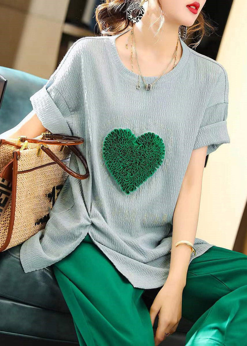 Simple Blue O-neck Loving Heart T Shirts Summer