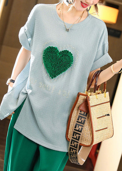 Simple Blue O-neck Loving Heart T Shirts Summer