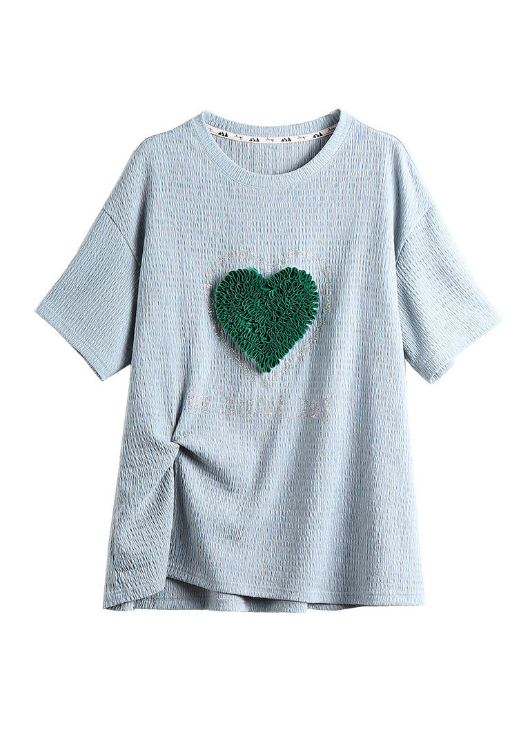 Simple Blue O-neck Loving Heart T Shirts Summer