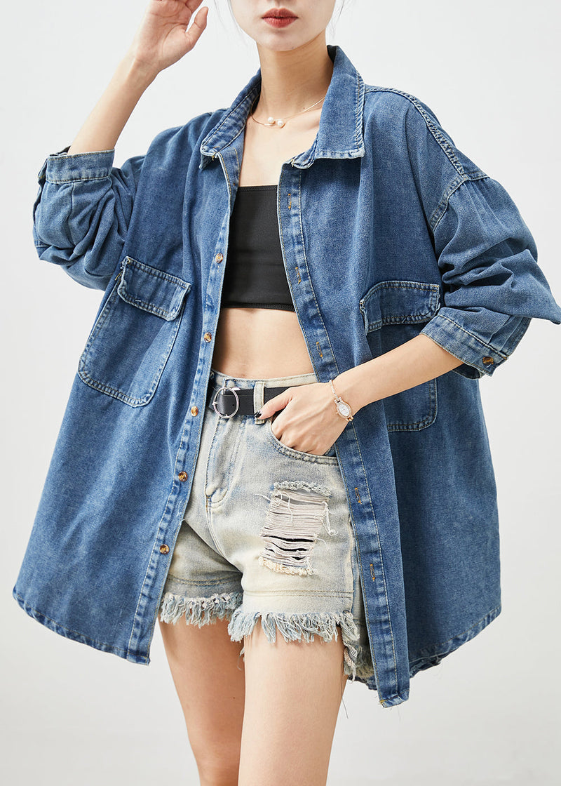Simple Blue Oversized Pockets Denim Coat Outwear Fall
