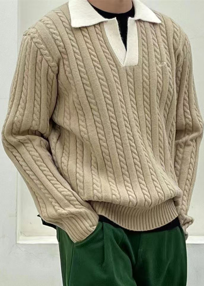 Simple Blue Peter Pan Collar Patchwork Cable Knit Sweaters Spring