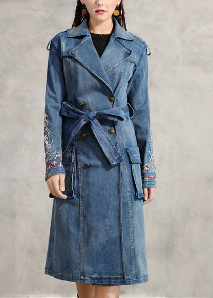Simple Blue Peter Pan Collar Pockets Embroideried Double Breast Sashes Cotton Denim Trench Coats Spring